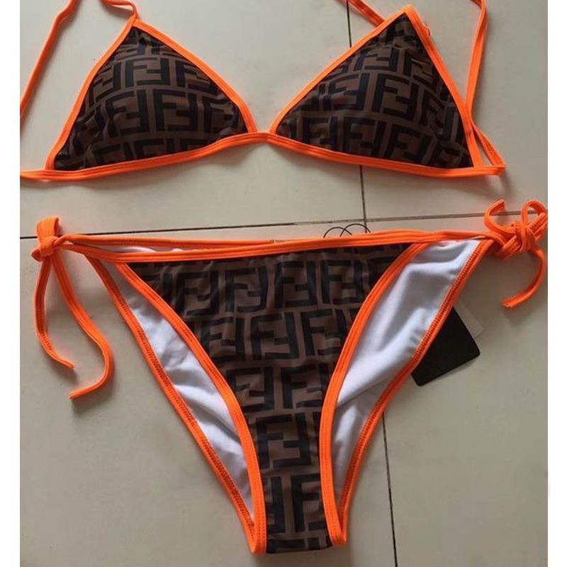 Affordable Fendi Triangle Bikini with Ties Women FF Motif Lycra Brown Orange