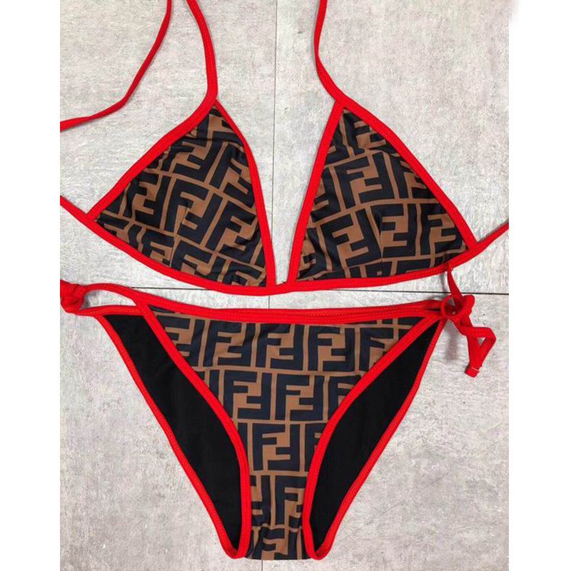 Affordable Fendi Triangle Bikini with Ties Women FF Motif Lycra Brown Red