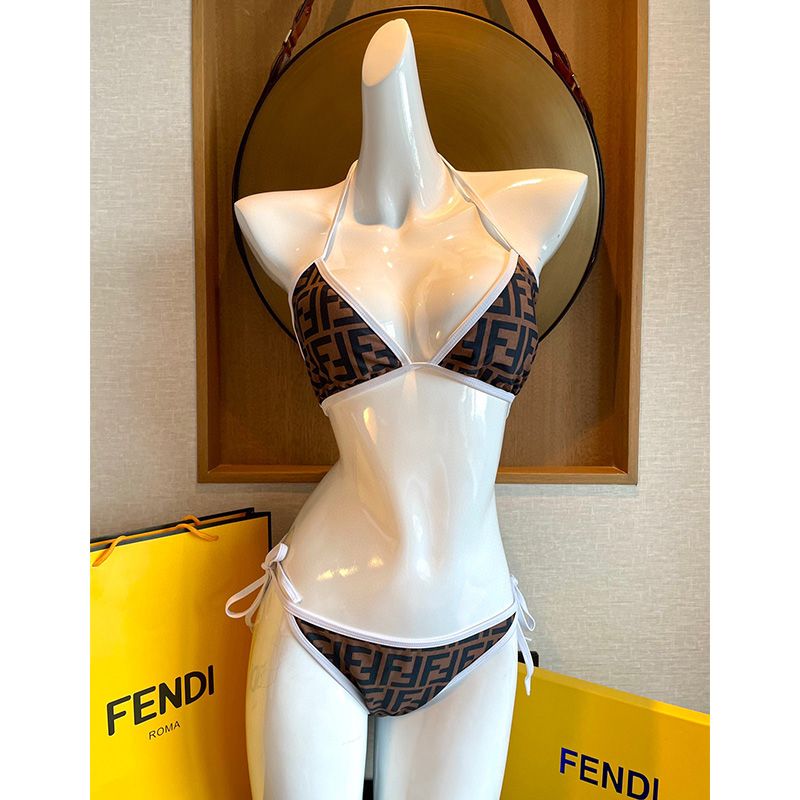 Affordable Fendi Triangle Bikini with Ties Women FF Motif Lycra Brown White