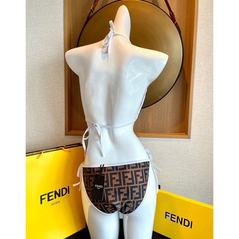 Affordable Fendi Triangle Bikini with Ties Women FF Motif Lycra Brown White