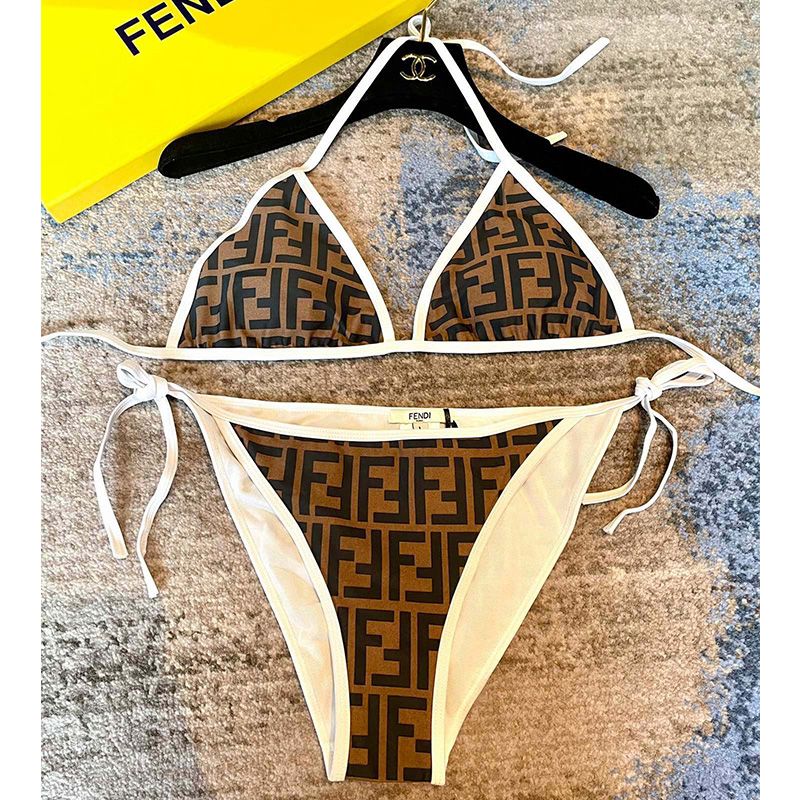 Affordable Fendi Triangle Bikini with Ties Women FF Motif Lycra Brown White