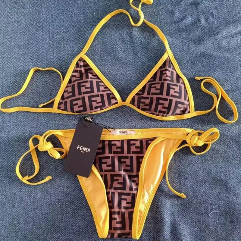 Affordable Fendi Triangle Bikini with Ties Women FF Motif Lycra Brown Yellow