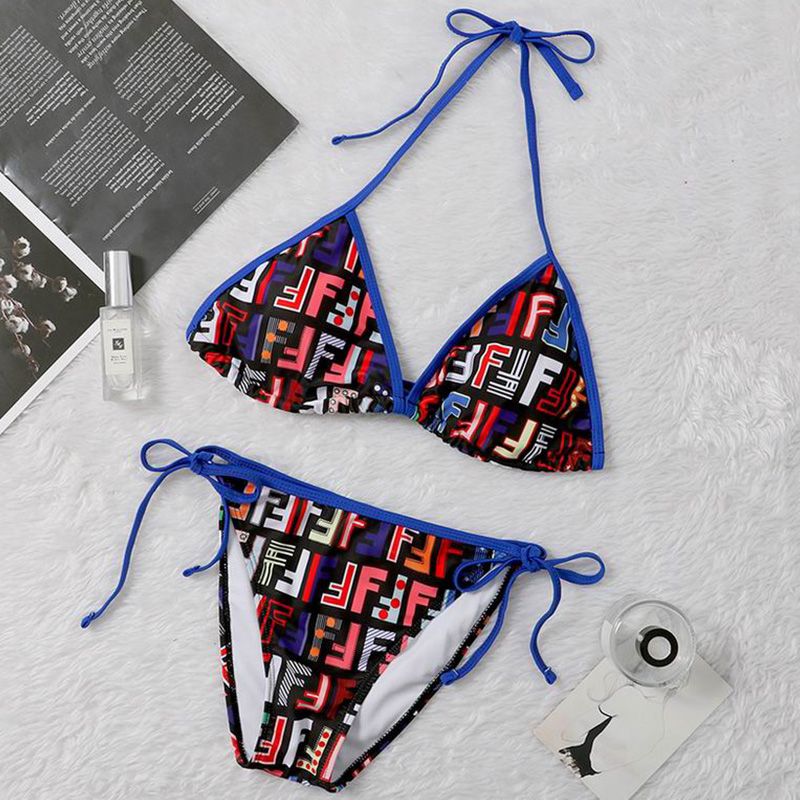 Affordable Fendi Triangle Bikini with Ties Women FF Motif Lycra Multicolor Blue