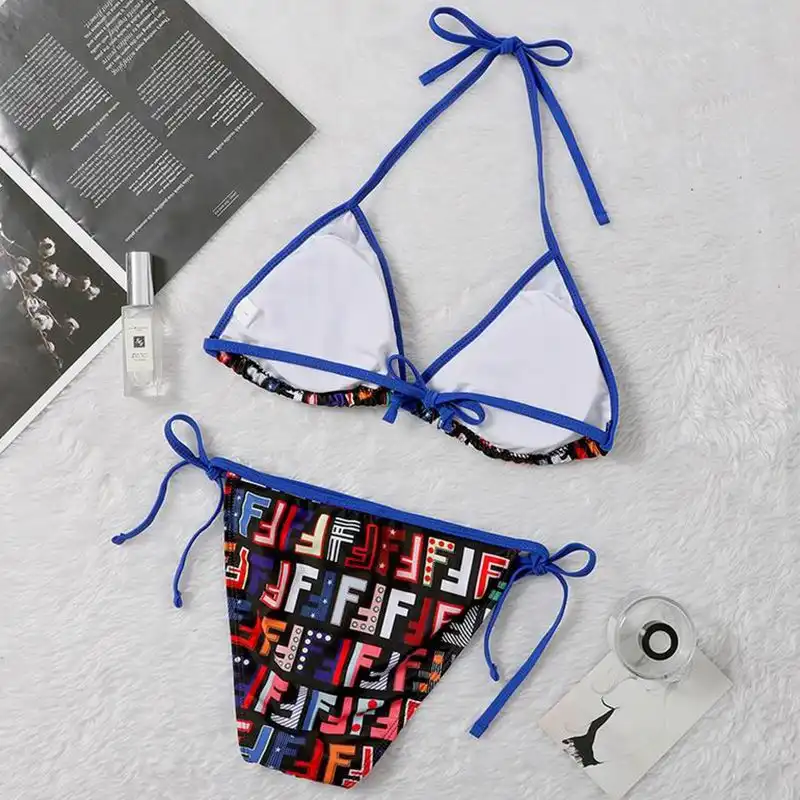 Affordable Fendi Triangle Bikini with Ties Women FF Motif Lycra Multicolor Blue HOT SALE