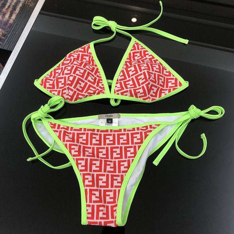 Affordable Fendi Triangle Bikini with Ties Women FF Motif Lycra Red Green