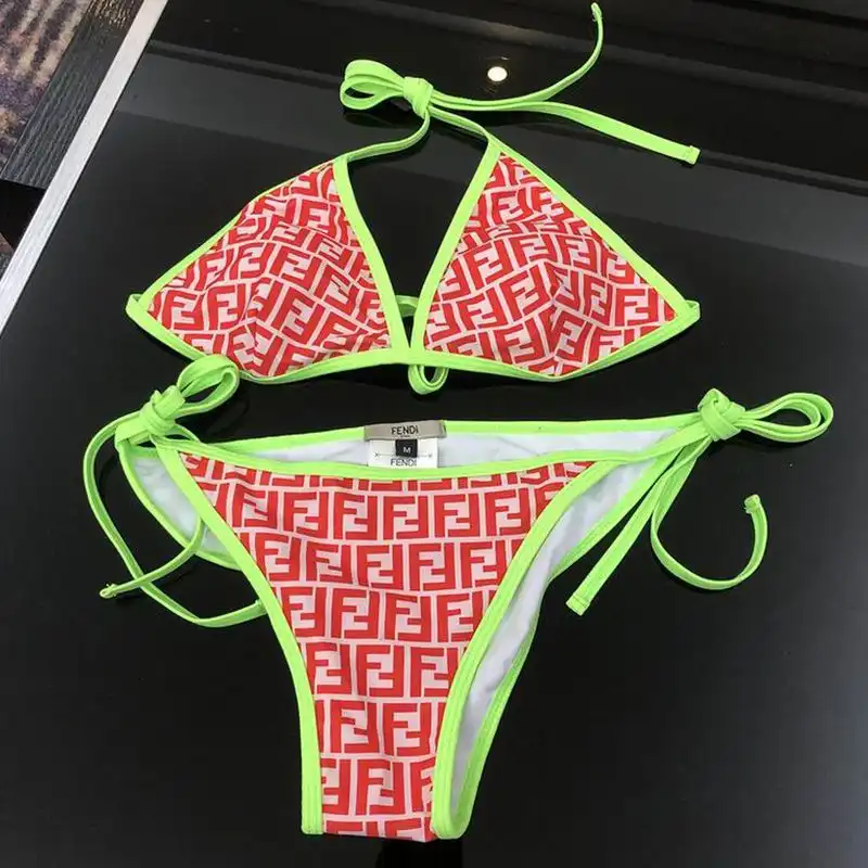 Fendi Triangle Bikini with Ties Women FF Motif Lycra Red Green