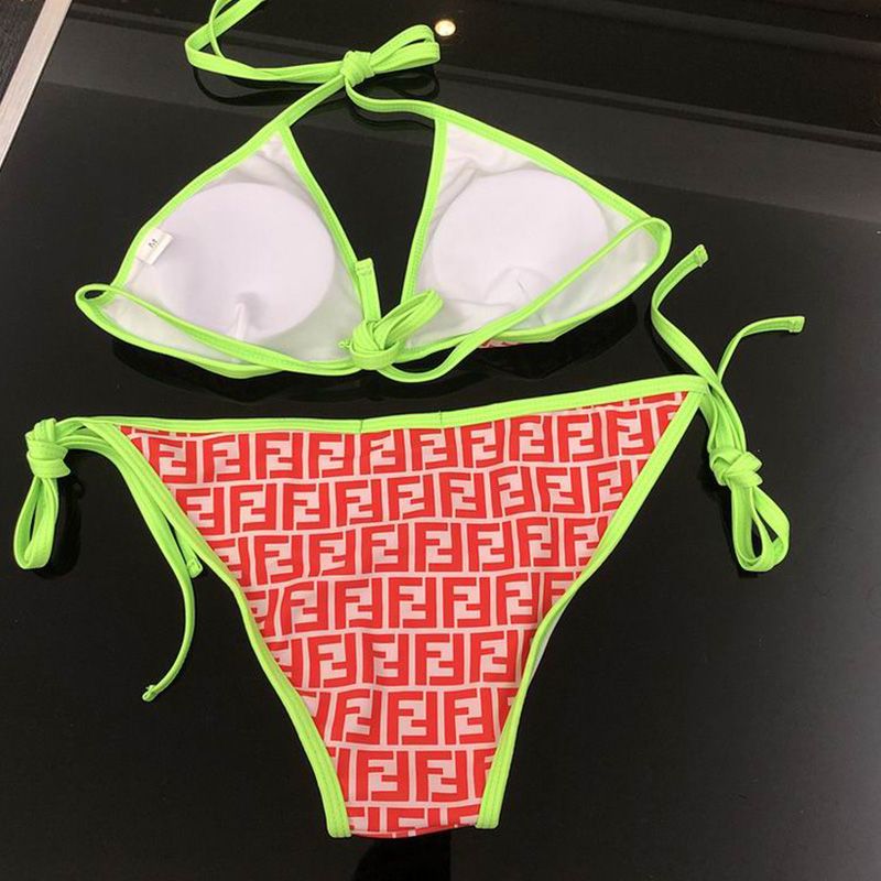 Affordable Fendi Triangle Bikini with Ties Women FF Motif Lycra Red Green