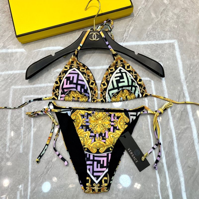 Affordable Fendi Triangular Bikini with Ties Women Fendace Baroque Motif Lycra Black