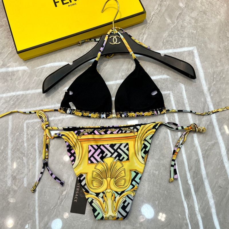 Affordable Fendi Triangular Bikini with Ties Women Fendace Baroque Motif Lycra Black