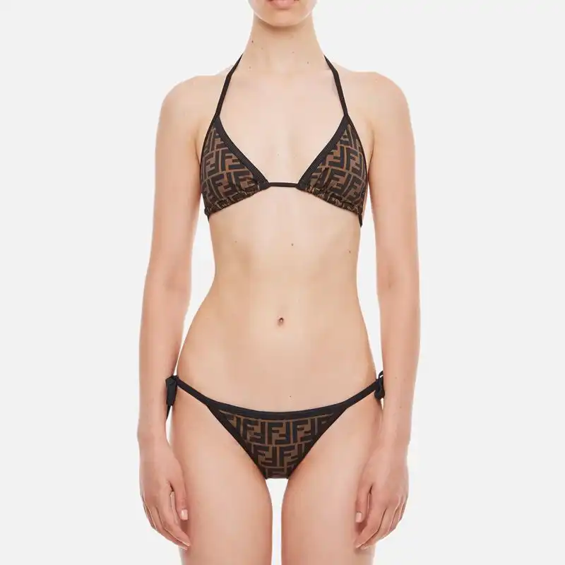 Fendi Triangular Bikini with Ties Women FF Motif Lycra Brown Black