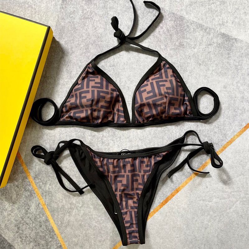 Affordable Fendi Triangular Bikini with Ties Women FF Motif Lycra Brown Black