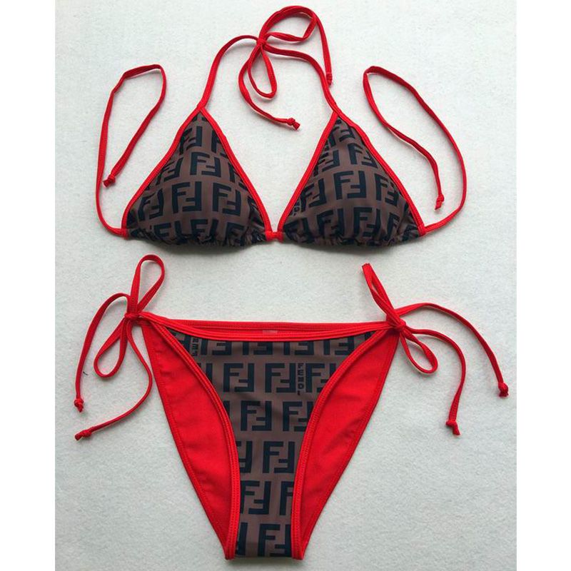 Affordable Fendi Triangular Bikini with Ties Women FF Motif Lycra Brown Red