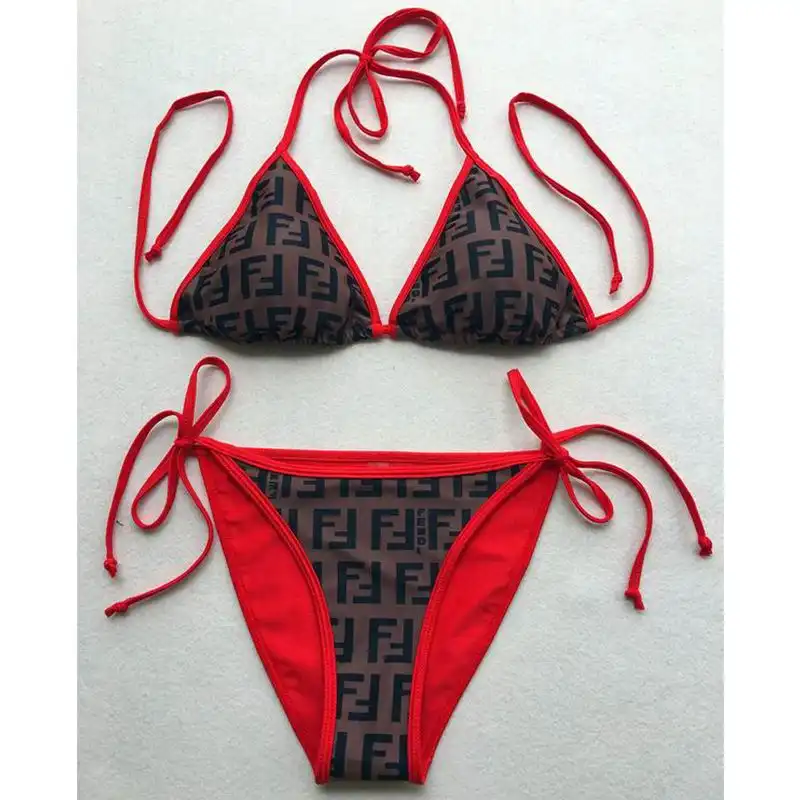 Affordable Fendi Triangular Bikini with Ties Women FF Motif Lycra Brown Red HOT SALE