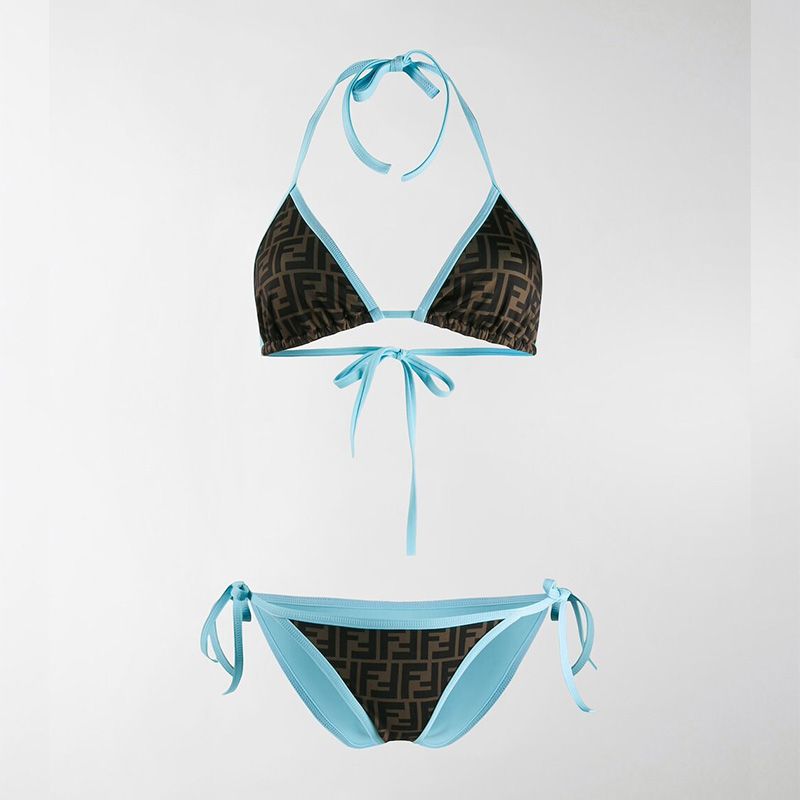 Affordable Fendi Triangular Bikini with Ties Women FF Motif Lycra Brown Sky Blue