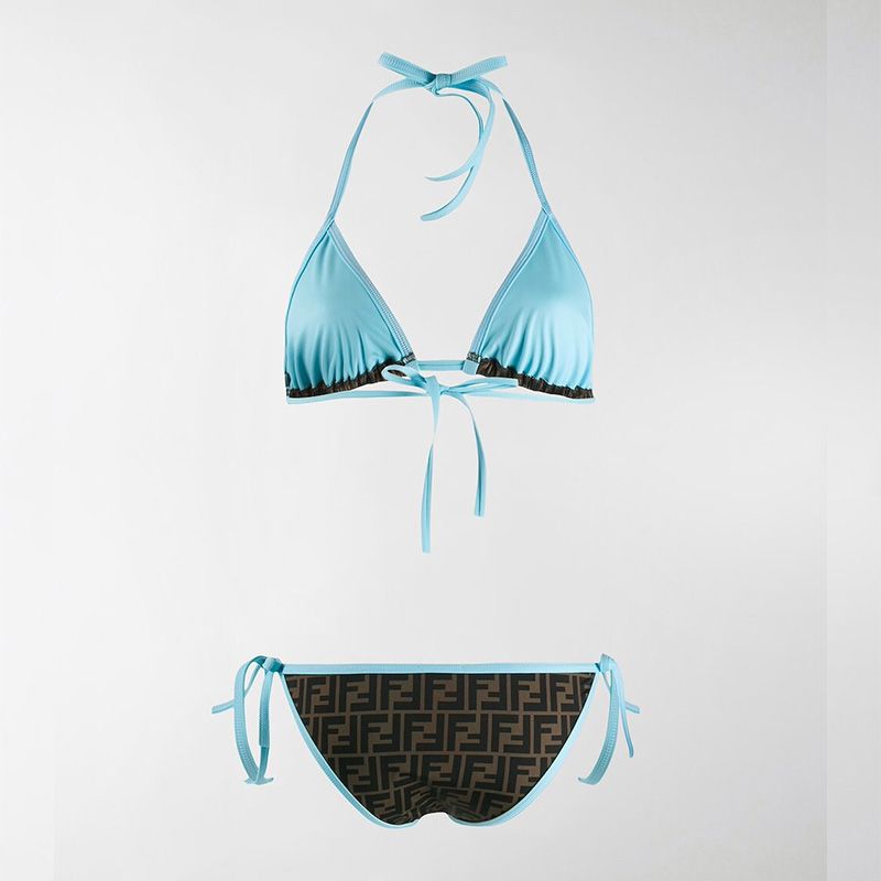 Affordable Fendi Triangular Bikini with Ties Women FF Motif Lycra Brown Sky Blue