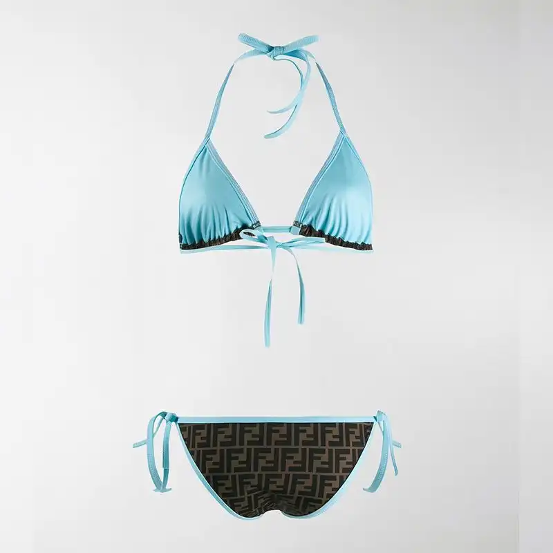 Affordable Fendi Triangular Bikini with Ties Women FF Motif Lycra Brown Sky Blue HOT SALE