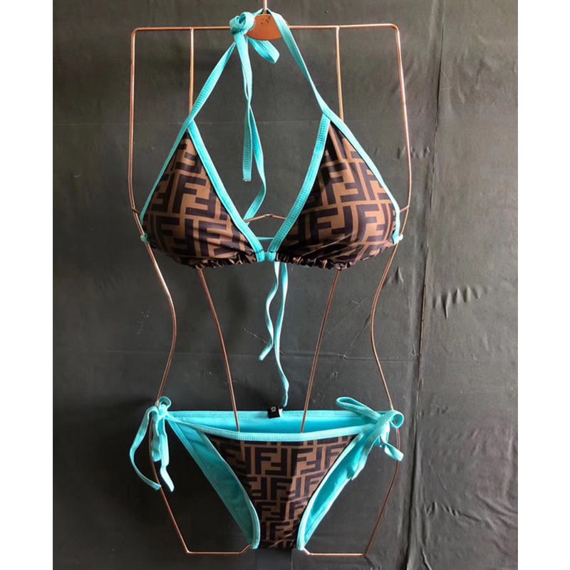 Affordable Fendi Triangular Bikini with Ties Women FF Motif Lycra Brown Sky Blue