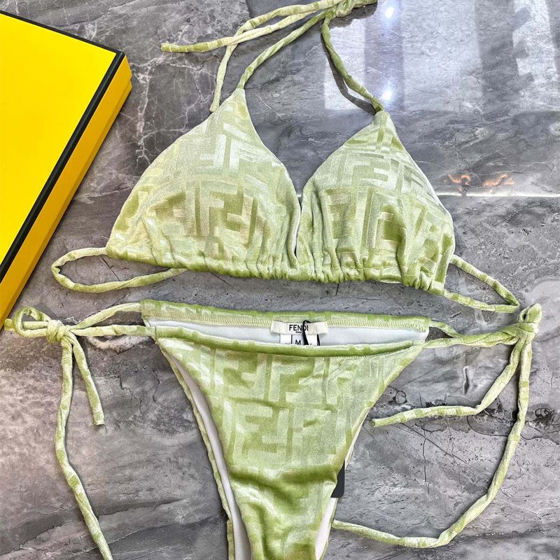 Affordable Fendi Triangular Bikini with Ties Women FF Motif Lycra Green