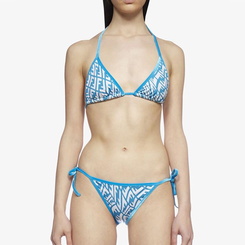 Affordable Fendi Triangular Bikini with Ties Women FF Vertigo Motif Lycra Sky Blue