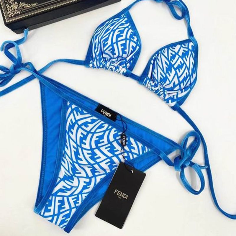 Affordable Fendi Triangular Bikini with Ties Women FF Vertigo Motif Lycra Sky Blue