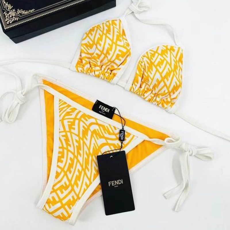 Affordable Fendi Triangular Bikini with Ties Women FF Vertigo Motif Lycra Yellow