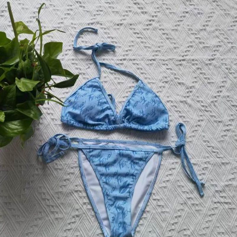 Affordable Fendi Triangular Bikini with Ties Women Graphic Logo Motif Lycra Sky Blue