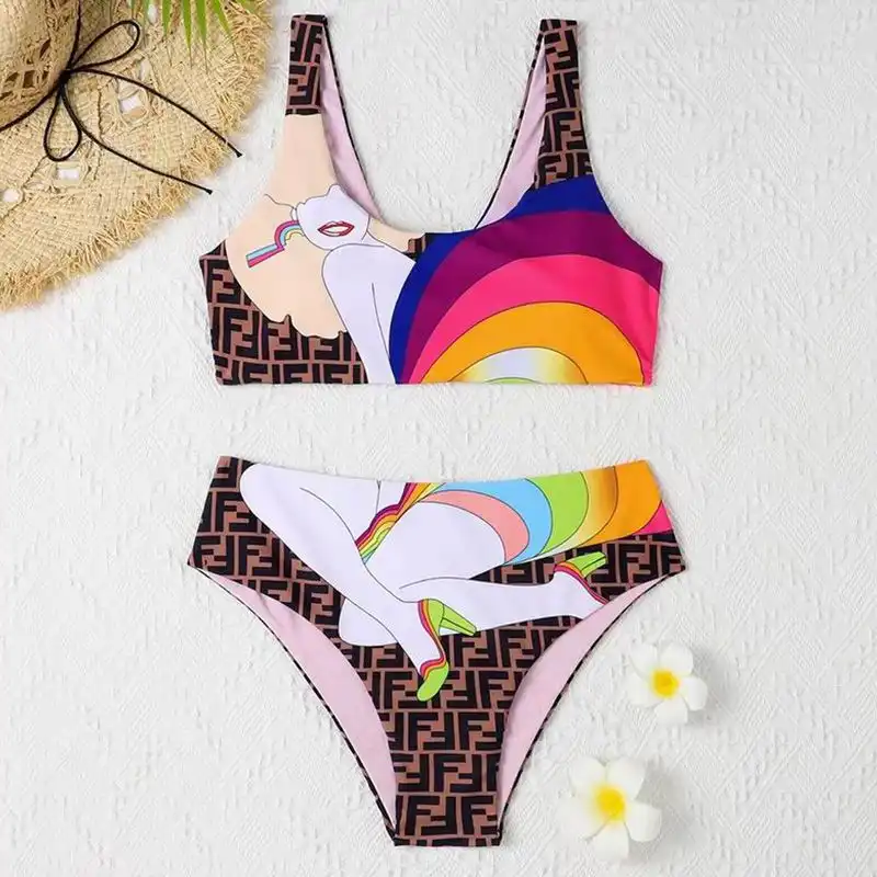 Fendi Underwear Set Women Rainbow Girl FF Motif Lycra Brown Pink HOT SALE