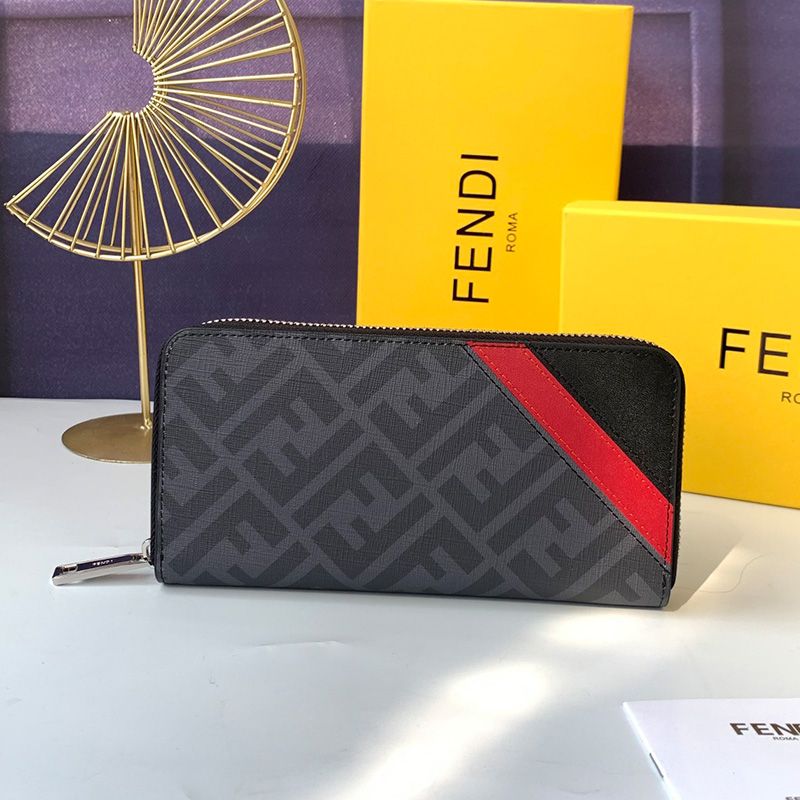 Affordable Fendi Zip Around Wallet In FF Motif Fabric Black Red