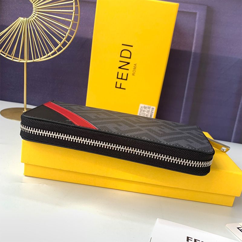 Affordable Fendi Zip Around Wallet In FF Motif Fabric Black Red