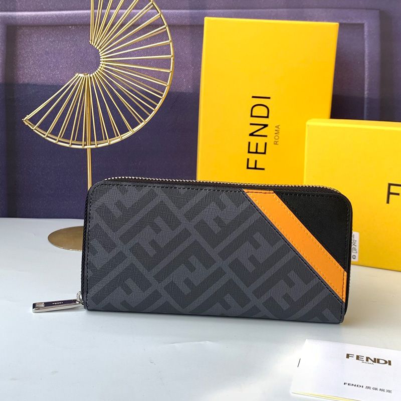 Affordable Fendi Zip Around Wallet In FF Motif Fabric Black Yellow