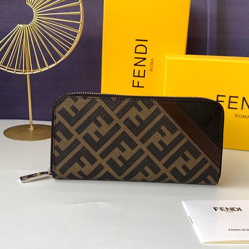 Affordable Fendi Zip Around Wallet In FF Motif Fabric Brown Coffee