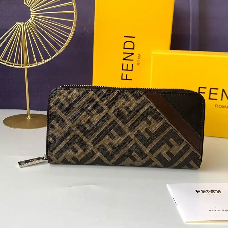 Fendi Zip Around Wallet In FF Motif Fabric Brown Coffee