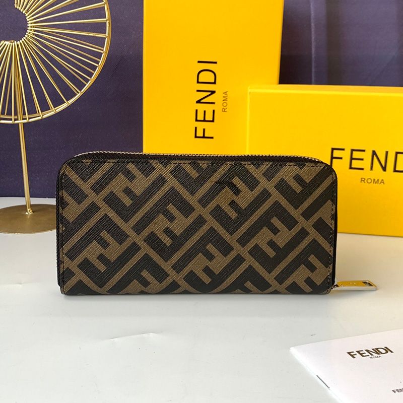 Affordable Fendi Zip Around Wallet In FF Motif Fabric Brown Coffee