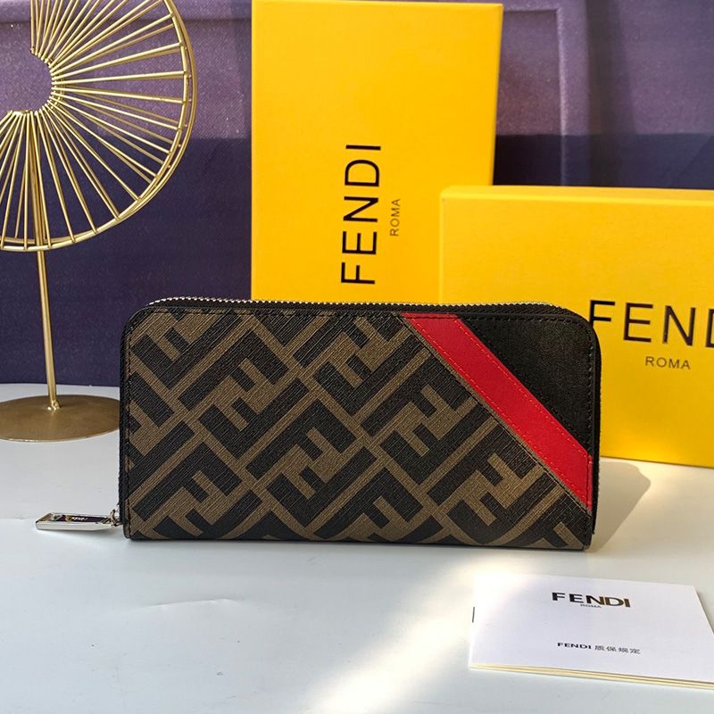 Affordable Fendi Zip Around Wallet In FF Motif Fabric Brown Red