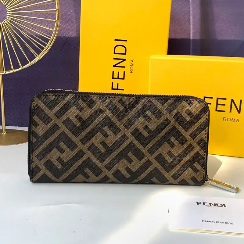 Cheap Fendi Zip Around Wallet In FF Motif Fabric Brown Red