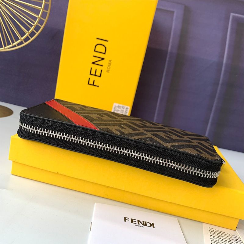 Affordable Fendi Zip Around Wallet In FF Motif Fabric Brown Red