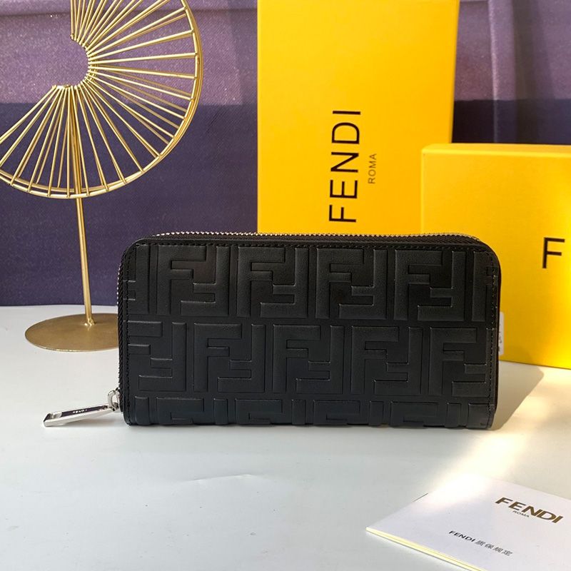 Affordable Fendi Zip Around Wallet In FF Motif Nappa Leather Black