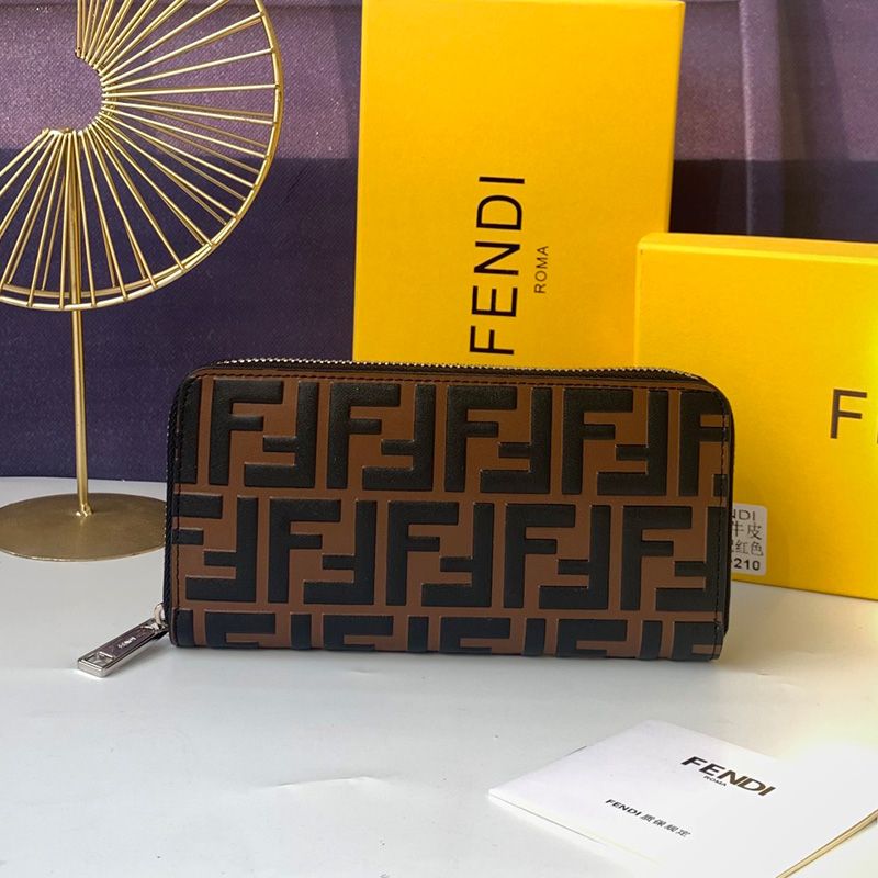 Affordable Fendi Zip Around Wallet In FF Motif Nappa Leather Coffee