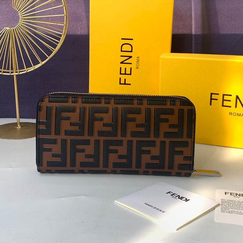 Affordable Fendi Zip Around Wallet In FF Motif Nappa Leather Coffee