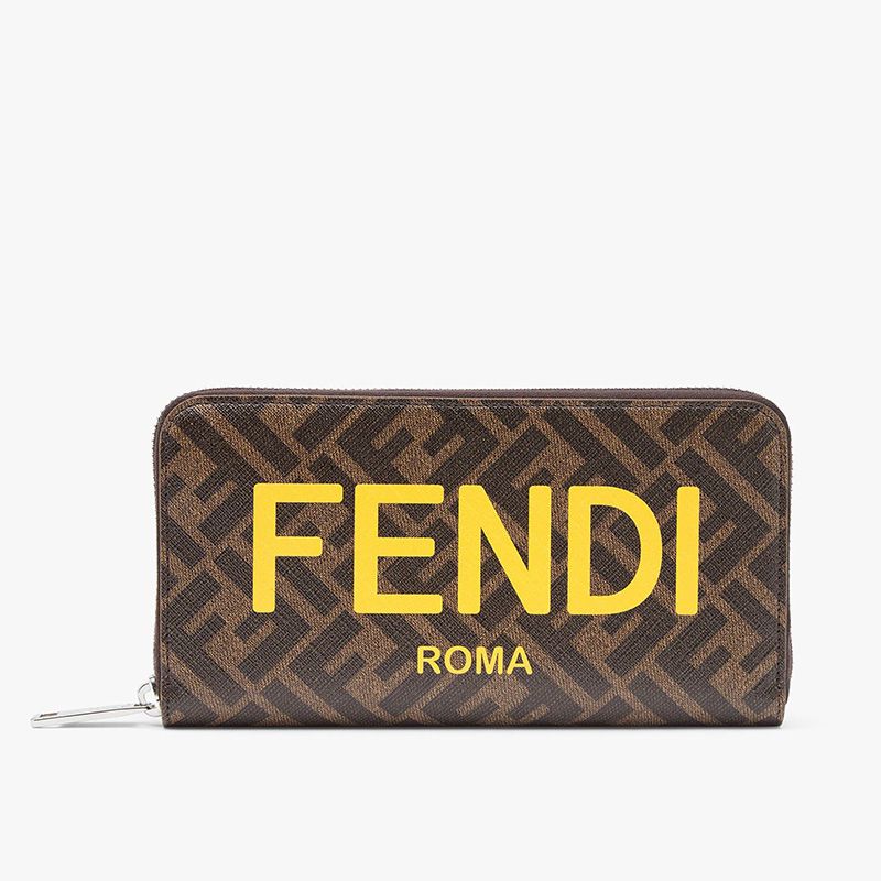 Affordable Fendi Zip Around Wallet In ROMA Logo FF Motif Fabric Brown