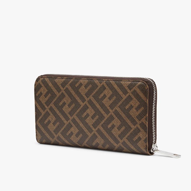 Affordable Fendi Zip Around Wallet In ROMA Logo FF Motif Fabric Brown