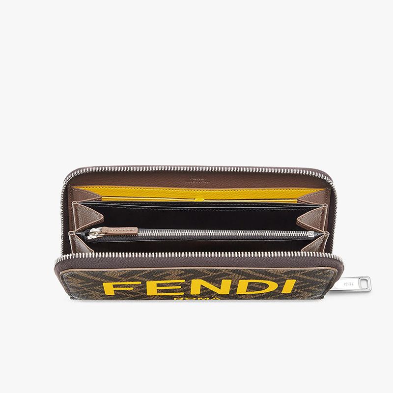 Affordable Fendi Zip Around Wallet In ROMA Logo FF Motif Fabric Brown