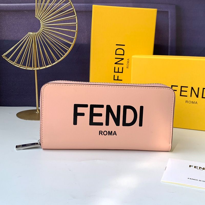 Affordable Fendi Zip Around Wallet In ROMA Logo Calf Leather Pink