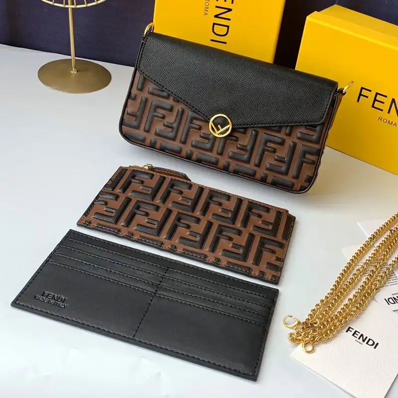 F is Fendi Chain Pouch In FF Motif Nappa Leather Brown Black