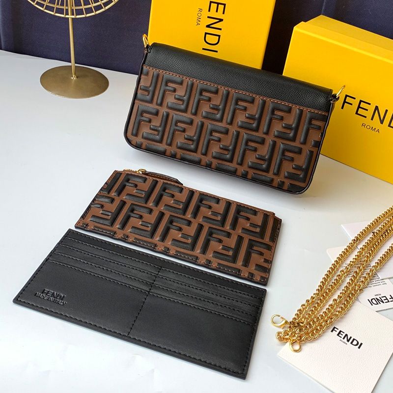 Affordable F is Fendi Chain Pouch In FF Motif Nappa Leather Brown Black