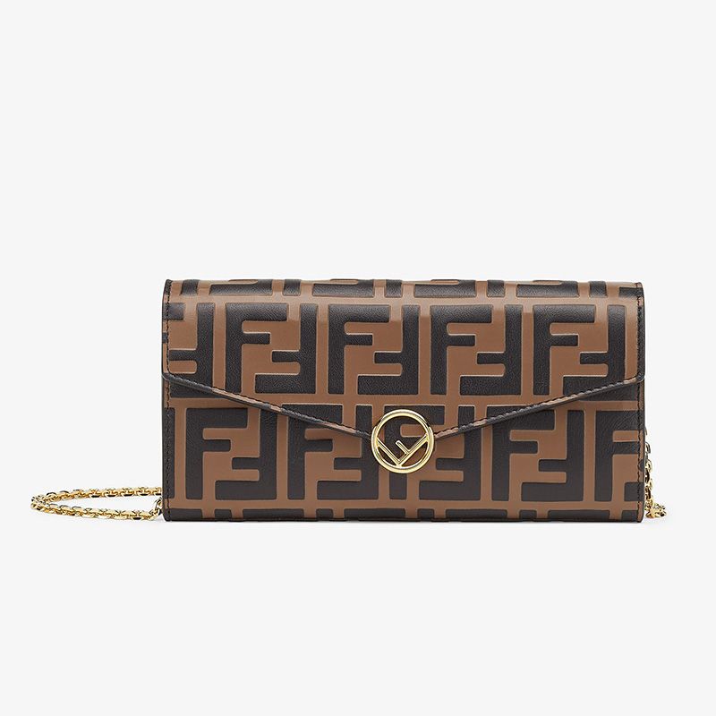 Affordable F is Fendi Chain Wallet In FF Motif Calf Leather Brown