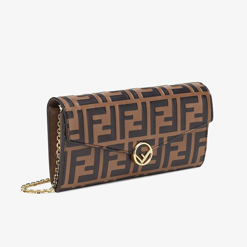 Affordable F is Fendi Chain Wallet In FF Motif Calf Leather Brown