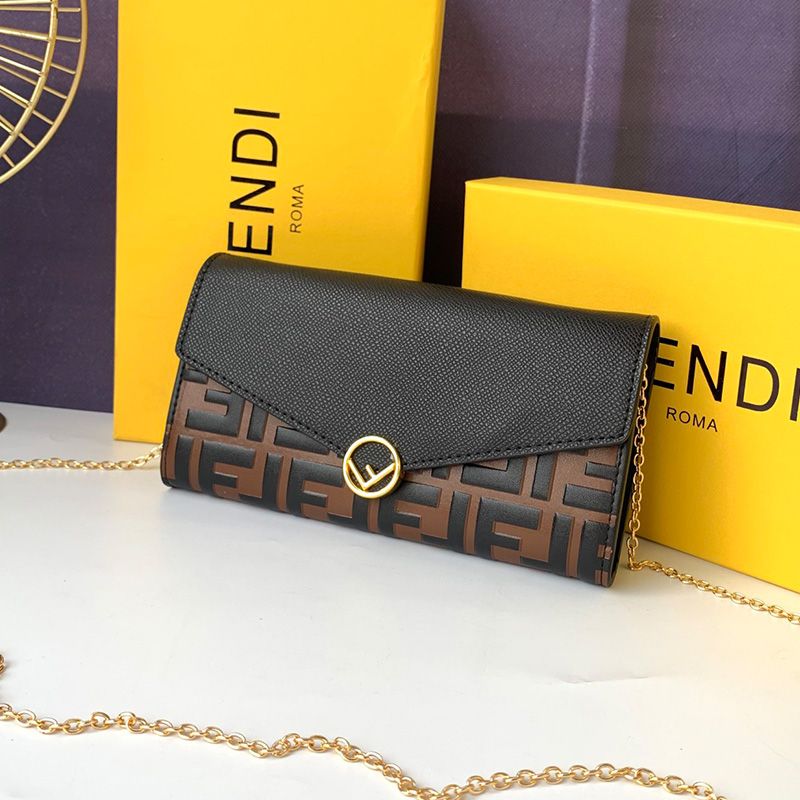 Affordable F is Fendi Chain Wallet In FF Motif Calf Leather Brown Black