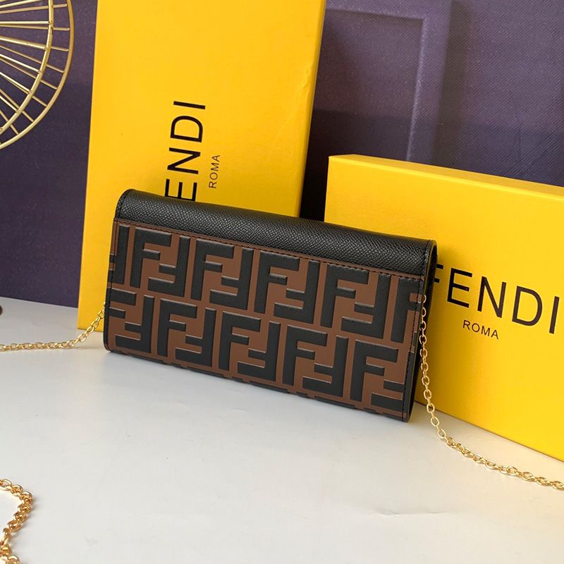 Affordable F is Fendi Chain Wallet In FF Motif Calf Leather Brown Black