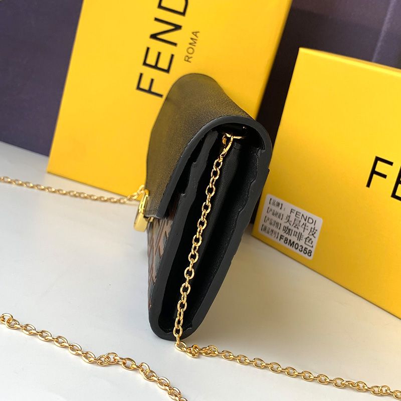 Affordable F is Fendi Chain Wallet In FF Motif Calf Leather Brown Black